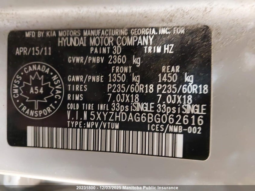 2011 Hyundai Santa Fe Limited VIN: 5XYZHDAG6BG062616 Lot: 20231800