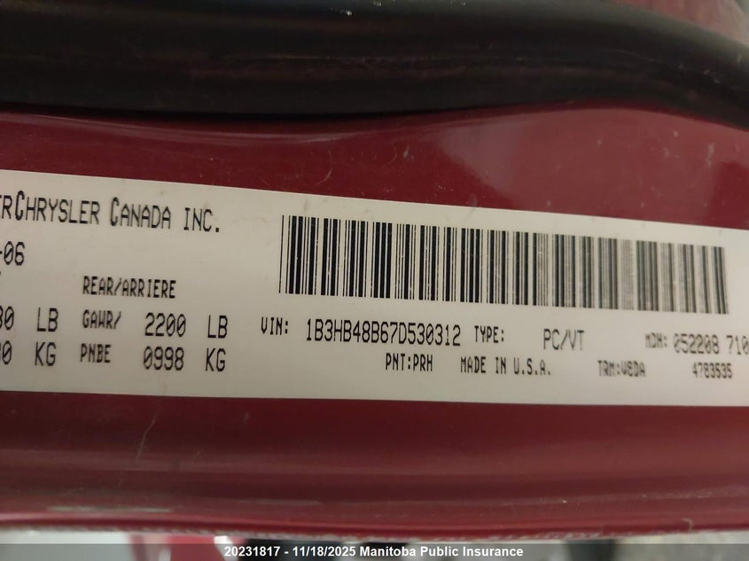 2007 Dodge Caliber Sxt VIN: 1B3HB48B67D530312 Lot: 20231817