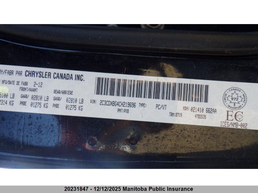 2012 Dodge Charger Se VIN: 2C3CDXBG4CH219696 Lot: 20231847