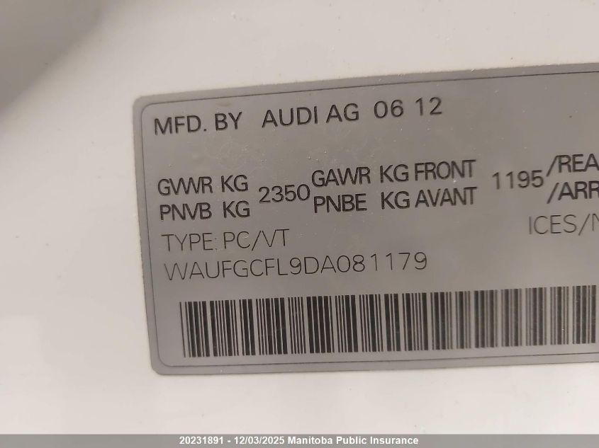 2013 Audi S4 3.0T Quattro VIN: WAUFGCFL9DA081179 Lot: 20231891