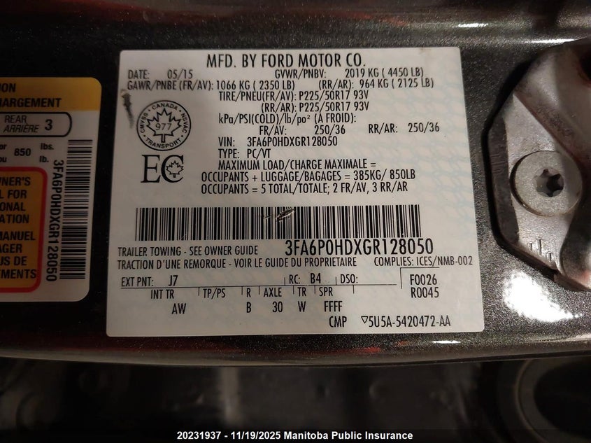 2016 Ford Fusion Se VIN: 3FA6P0HDXGR128050 Lot: 20231937