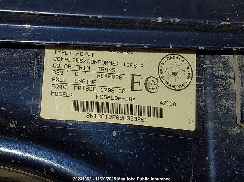 2008 Nissan Versa 1.8 S VIN: 3N1BC13E68L353261 Lot: 20231962