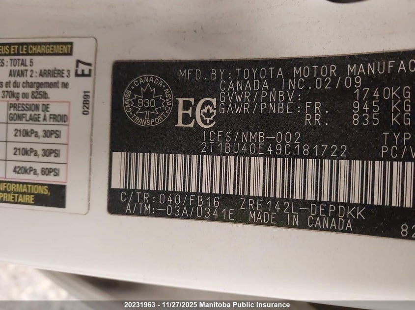 2009 Toyota Corolla VIN: 2T1BU40E49C181722 Lot: 20231963