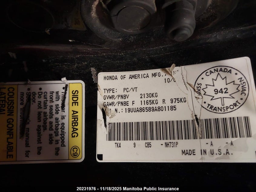 2009 Acura Tl VIN: 19UUA86589A801185 Lot: 20231976