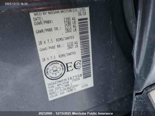 2018 Nissan Murano Sl VIN: 5N1AZ2MH9JN167558 Lot: 20232000