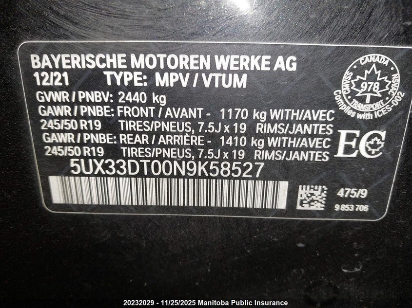 2022 BMW X4 30I VIN: 5UX33DT00N9K58527 Lot: 20232029