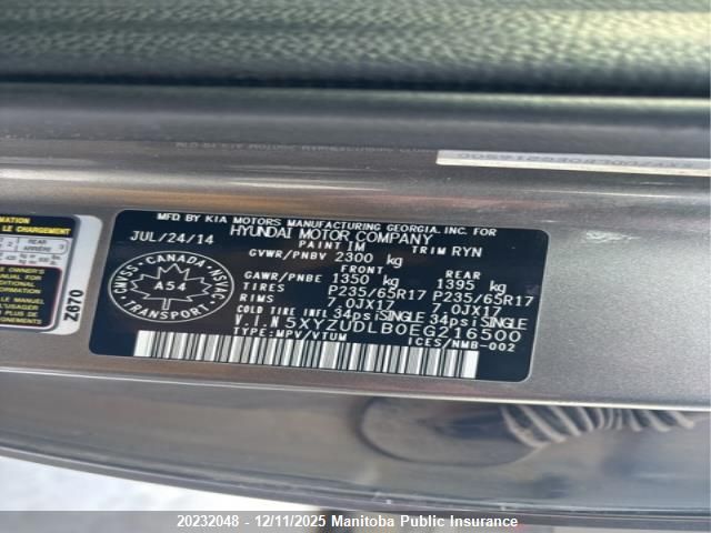 2014 Hyundai Santa Fe VIN: 5XYZUDLB0EG216500 Lot: 20232048