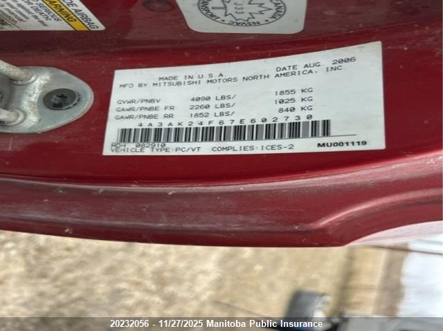 2007 Mitsubishi Eclipse Gs VIN: 4A3AK24F67E602730 Lot: 20232056