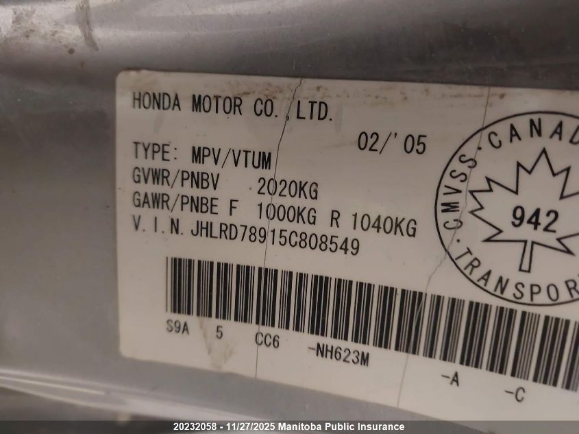2005 Honda Cr-V Ex-L VIN: JHLRD78915C808549 Lot: 20232058
