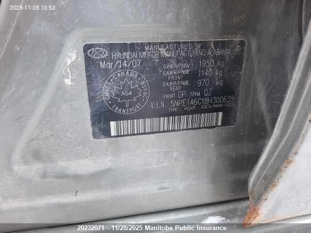 2008 Hyundai Sonata Gl VIN: 5NPET46C18H300635 Lot: 20232071