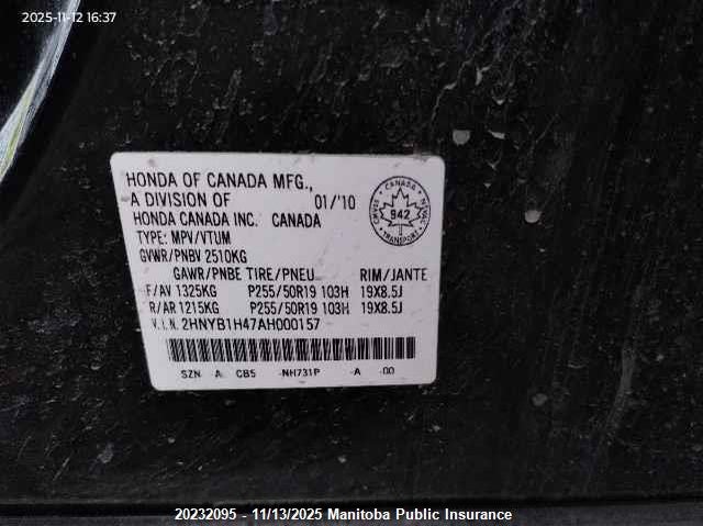 2010 Acura Zdx VIN: 2HNYB1H47AH000157 Lot: 20232095