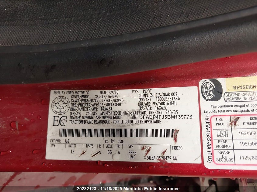 2011 Ford Fiesta Ses VIN: 3FADP4FJ5BM139776 Lot: 20232123