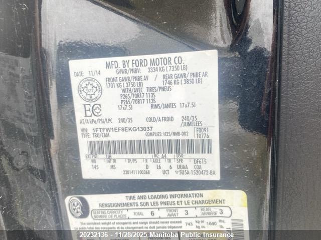 2014 Ford F150 Xlt Supercrew VIN: 1FTFW1EF8EKG13037 Lot: 20232136