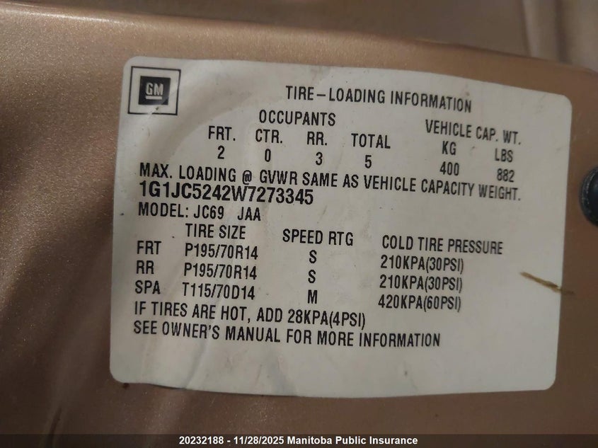 1G1JC5242W7273345 1998 CHEVROLET CAVALIER photo no. 9
