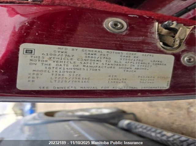 1992 GMC Sierra K1500 VIN: 1GTEK14H9NE517085 Lot: 20232189