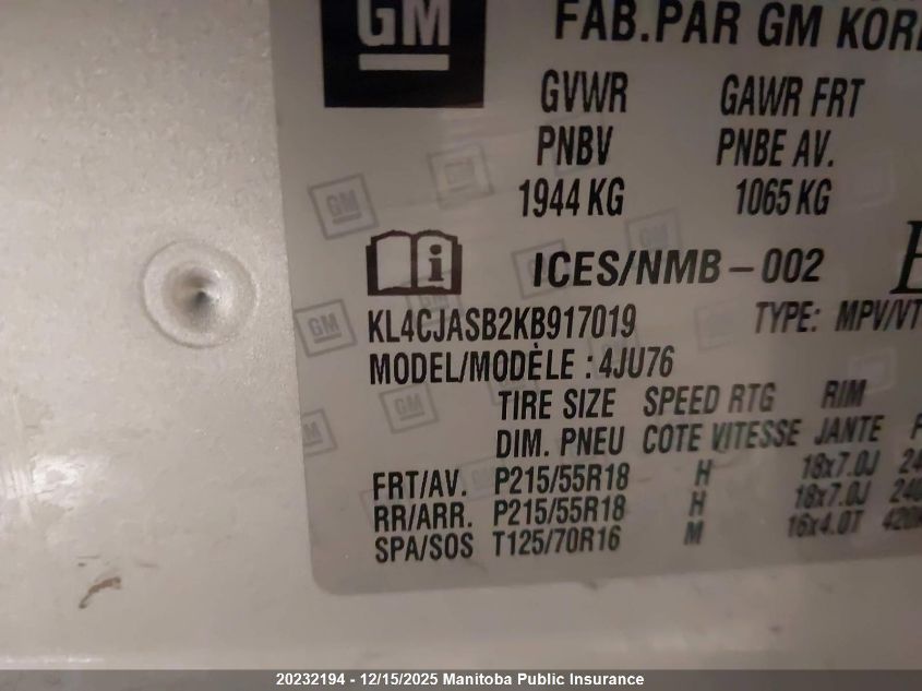 2019 Buick Encore Preferred VIN: KL4CJASB2KB917019 Lot: 20232194