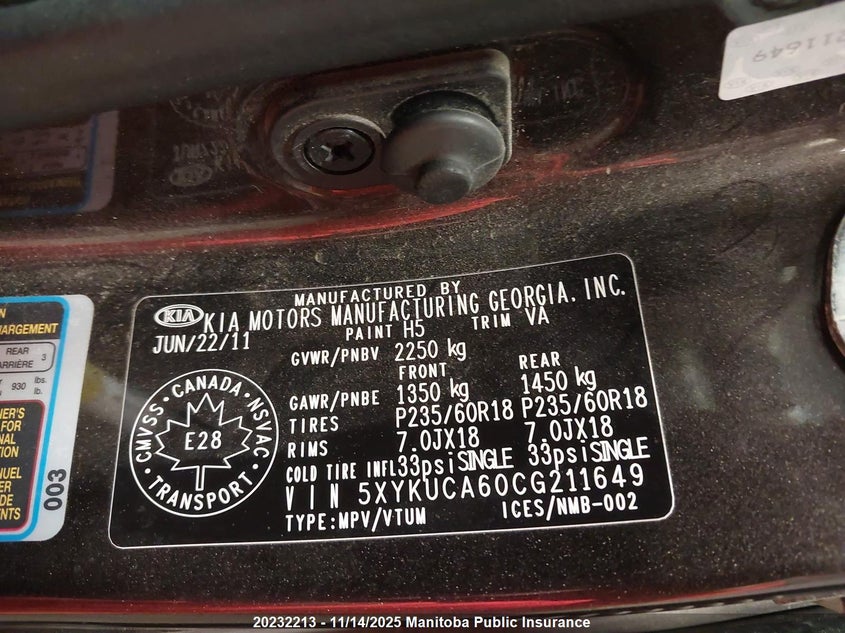 2012 Kia Sorento Ex VIN: 5XYKUCA60CG211649 Lot: 20232213