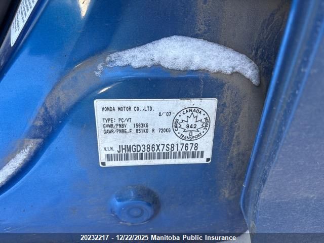 2007 Honda Fit Sport VIN: JHMGD386X7S817678 Lot: 20232217