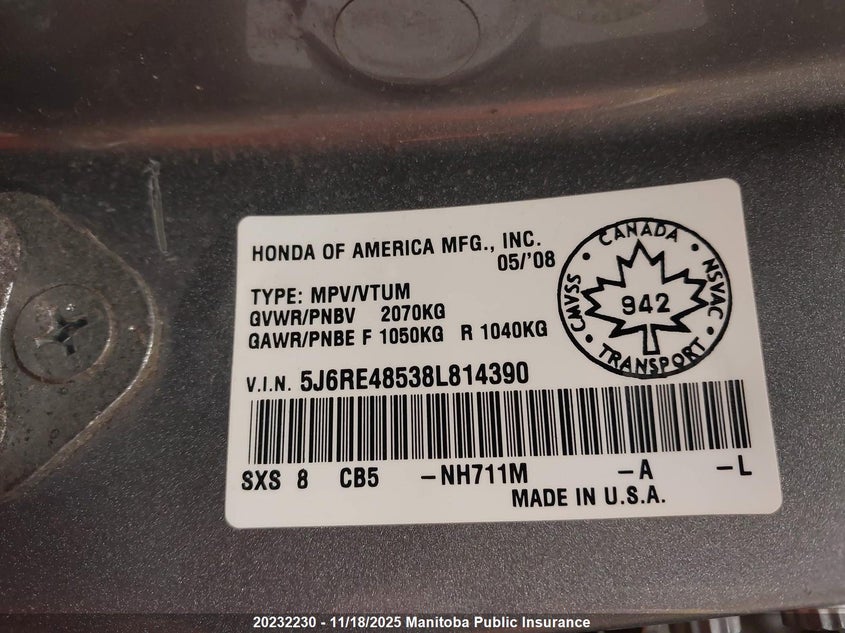 2008 Honda Cr-V Ex VIN: 5J6RE48538L814390 Lot: 20232230