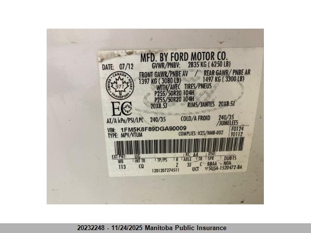 2013 Ford Explorer Limited VIN: 1FM5K8F89DGA90009 Lot: 20232248