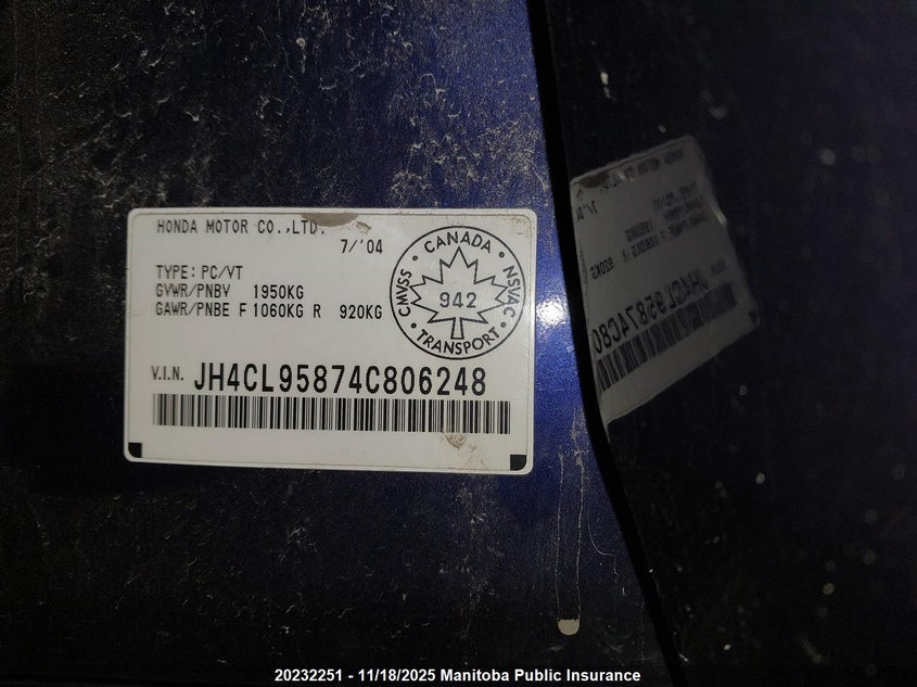 2004 Acura Tsx VIN: JH4CL95874C806248 Lot: 20232251