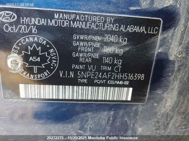 5NPE24AF2HH516398 2017 HYUNDAI SONATA photo no. 9
