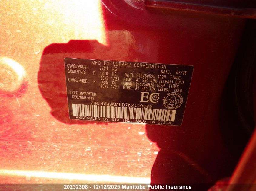 2019 Subaru Ascent Limited VIN: 4S4WMAPD7K3410689 Lot: 20232308