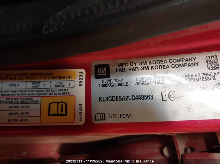 2020 Chevrolet Spark Lt VIN: KL8CD6SA2LC443563 Lot: 20232311