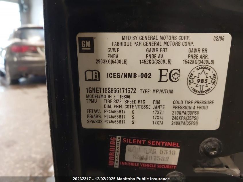 2006 Chevrolet Trailblazer Ext Lt VIN: 1GNET16S866171572 Lot: 20232317