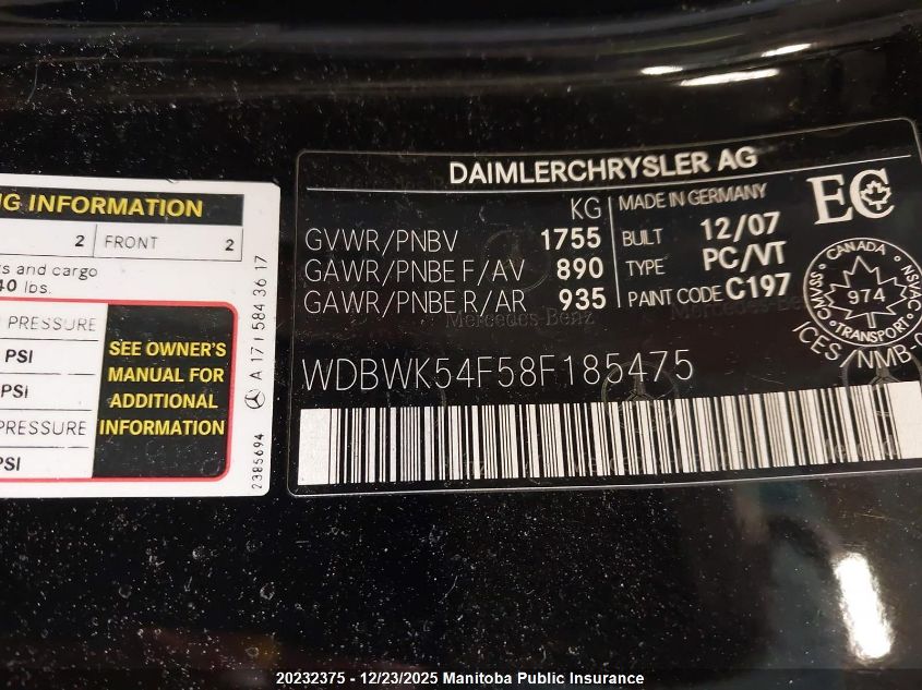 2008 Mercedes Benz Slk280 VIN: WDBWK54F58F185475 Lot: 20232375