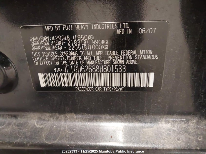 2008 Subaru Impreza 2.5I VIN: JF1GH62688H801533 Lot: 20232393