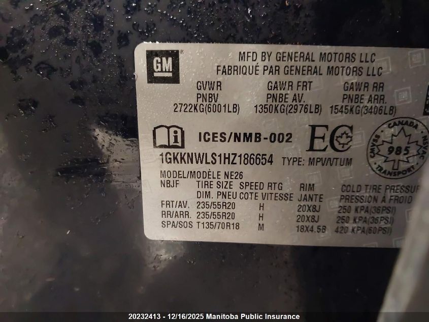 2017 GMC Acadia Slt VIN: 1GKKNWLS1HZ186654 Lot: 20232413