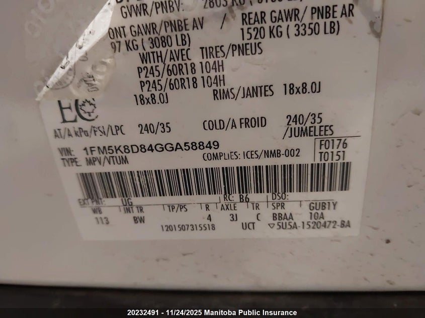 2016 Ford Explorer Xlt VIN: 1FM5K8D84GGA58849 Lot: 20232491