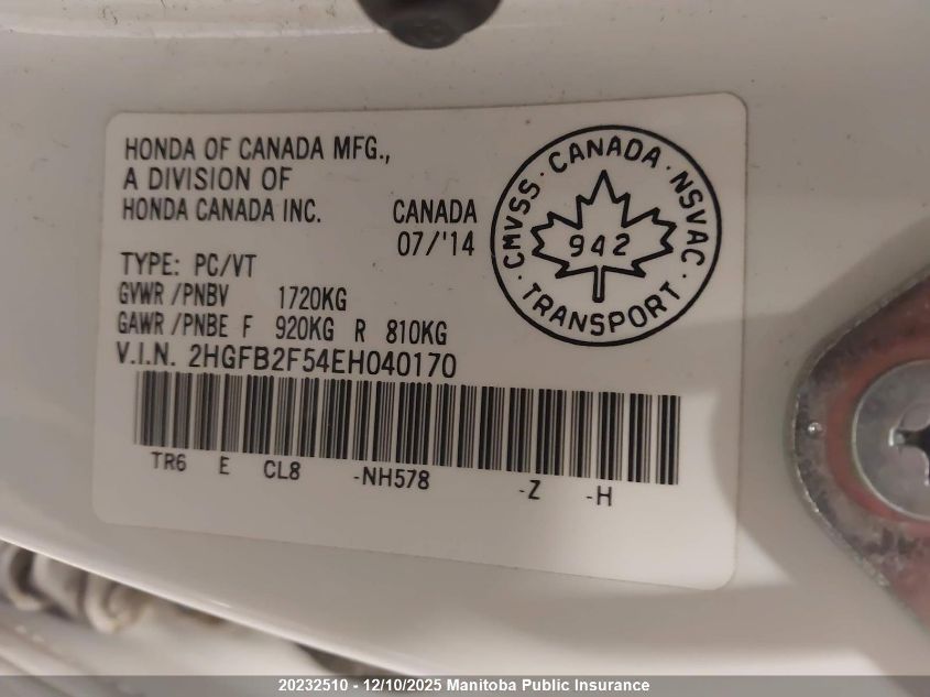 2014 Honda Civic Ex VIN: 2HGFB2F54EH040170 Lot: 20232510