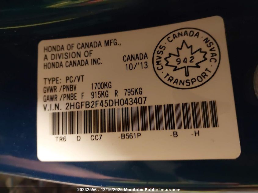 2013 Honda Civic Lx VIN: 2HGFB2F45DH043407 Lot: 20232556