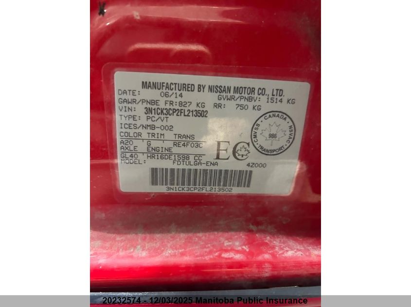 2015 Nissan Micra Sr VIN: 3N1CK3CP2FL213502 Lot: 20232574