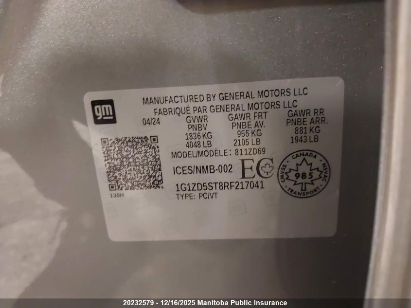 2024 Chevrolet Malibu Lt VIN: 1G1ZD5ST8RF217041 Lot: 20232579