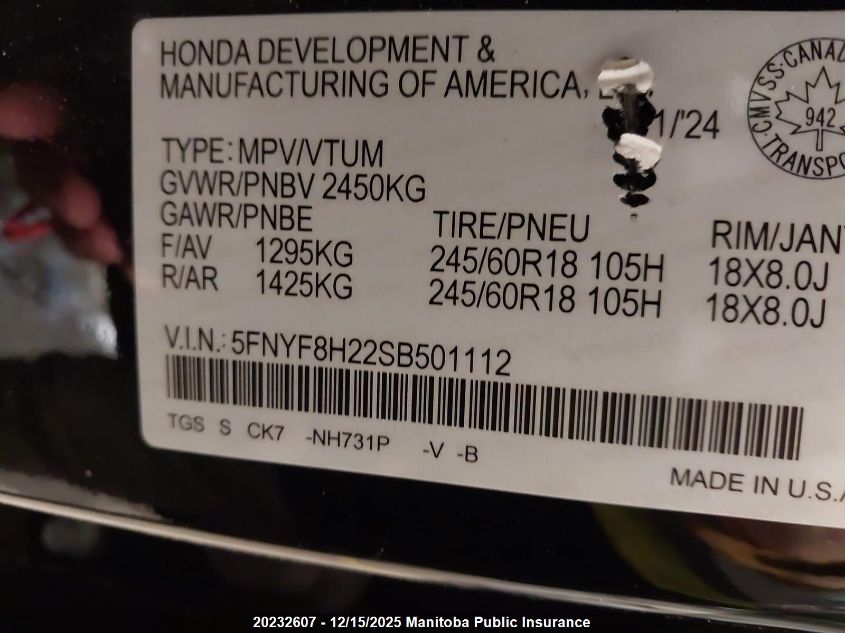 2025 Honda Passport Sport VIN: 5FNYF8H22SB501112 Lot: 20232607