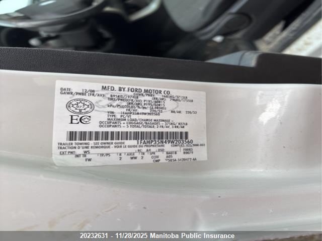 2009 Ford Focus Se VIN: 1FAHP35N49W203560 Lot: 20232631