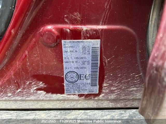 2019 Nissan Rogue Sv VIN: 5N1AT2MV4KC725398 Lot: 20232665