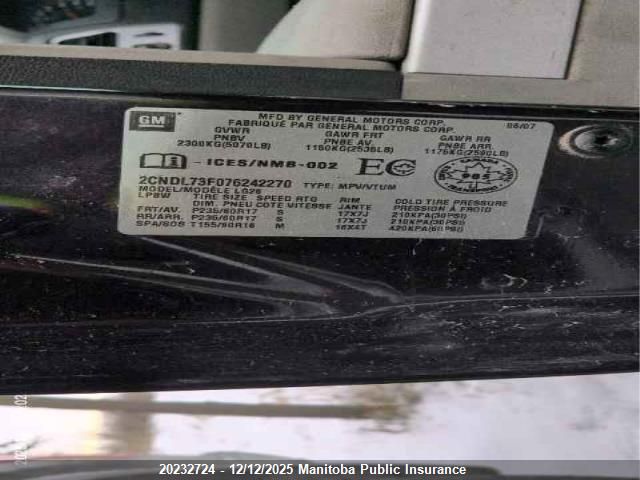 2007 Chevrolet Equinox Lt V6 VIN: 2CNDL73F076242270 Lot: 20232724