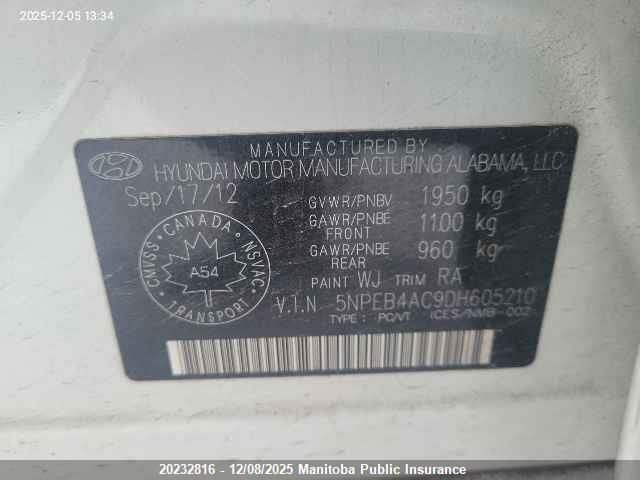 2013 Hyundai Sonata Gls VIN: 5NPEB4AC9DH605210 Lot: 20232816