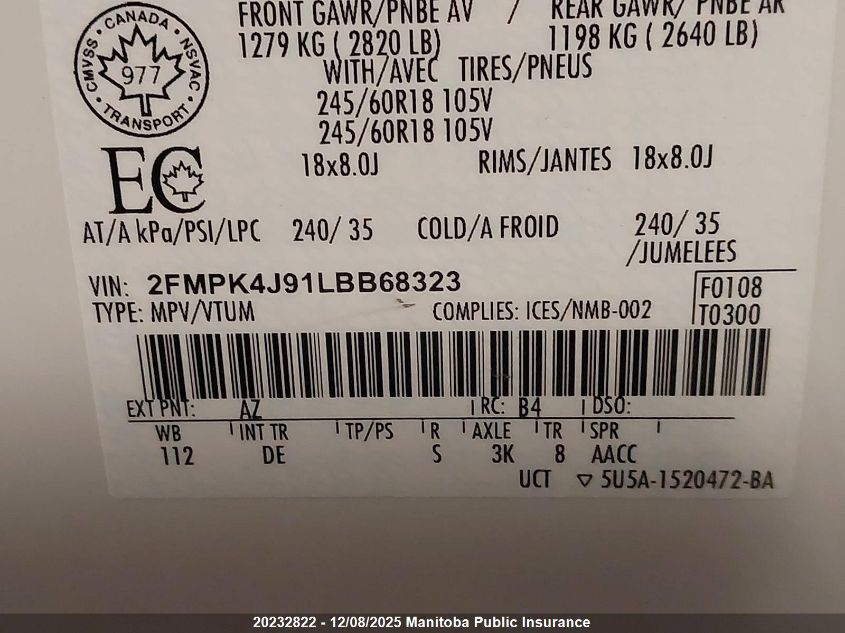 2020 Ford Edge Sel VIN: 2FMPK4J91LBB68323 Lot: 20232822