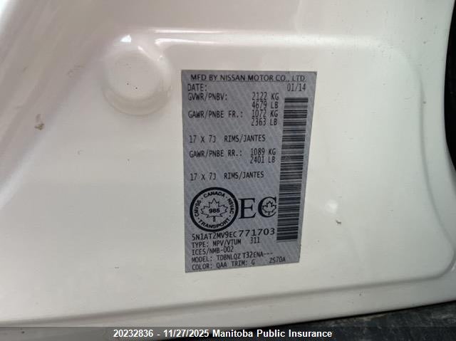 2014 Nissan Rogue Sv VIN: 5N1AT2MV9EC771703 Lot: 20232836