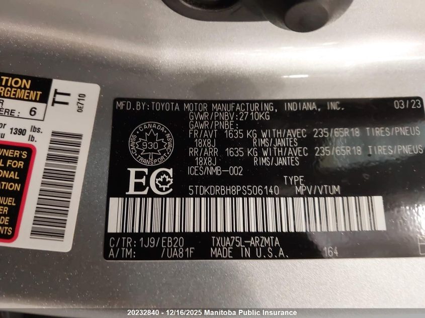 2023 Toyota Highlander Xle VIN: 5TDKDRBH8PS506140 Lot: 20232840