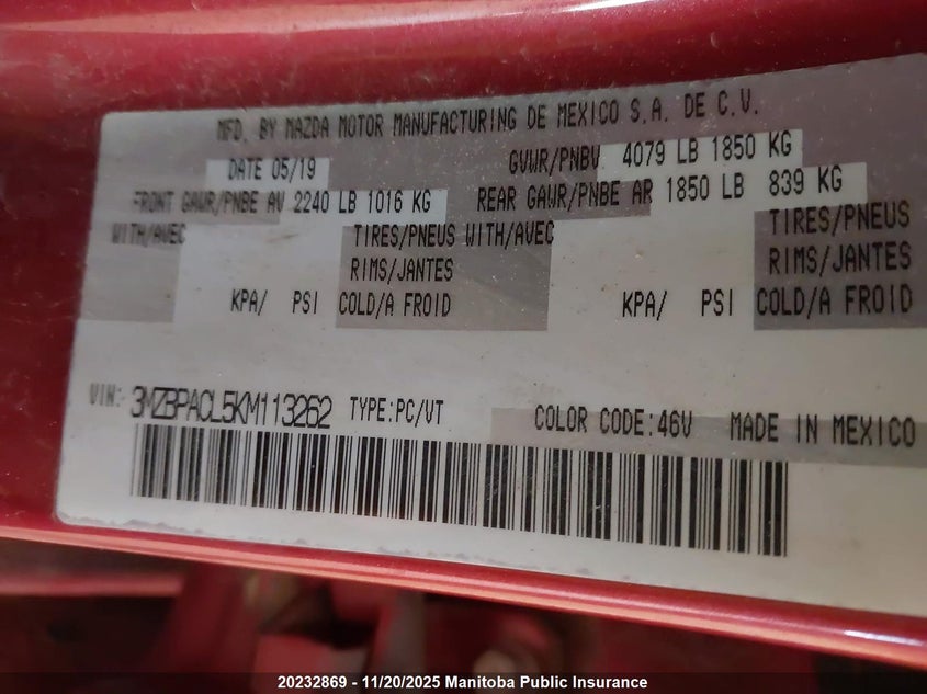 2019 Mazda Mazda3 Gs VIN: 3MZBPACL5KM113262 Lot: 20232869