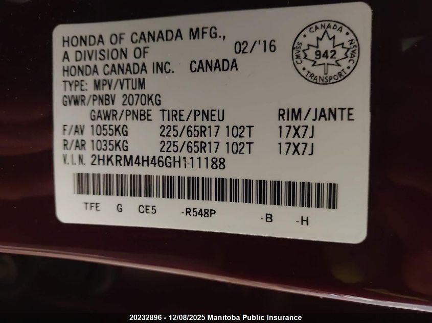 2016 Honda Cr-V Ex VIN: 2HKRM4H46GH111188 Lot: 20232896