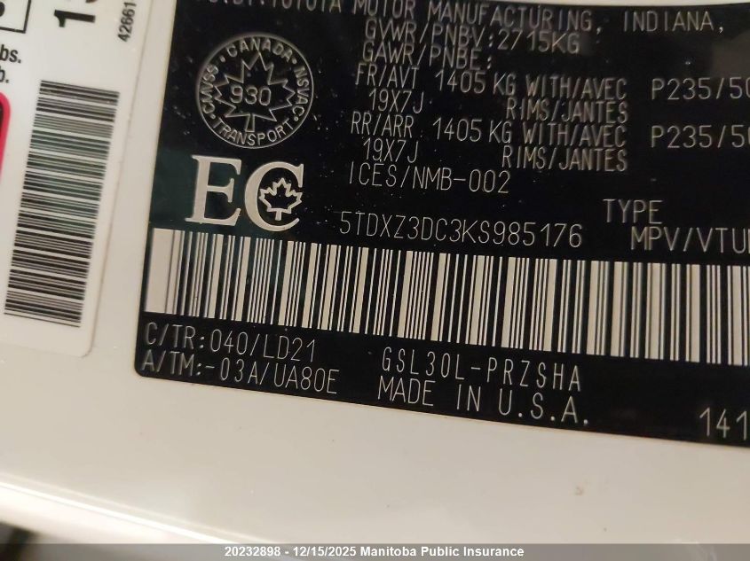 2019 Toyota Sienna Se V6 VIN: 5TDXZ3DC3KS985176 Lot: 20232898