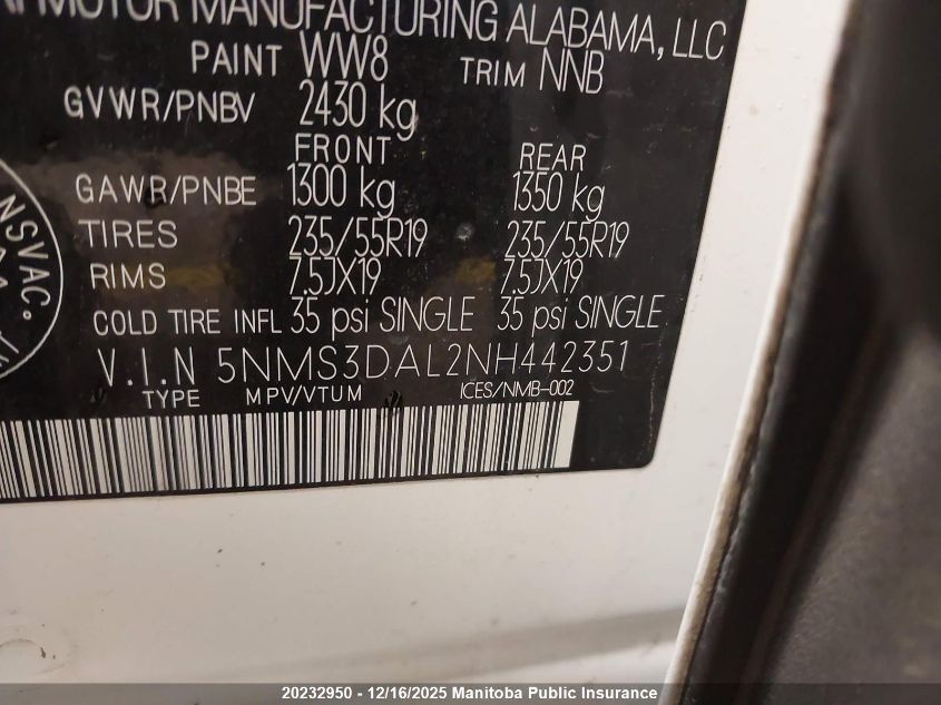 2022 Hyundai Santa Fe Urban 2.5T VIN: 5NMS3DAL2NH442351 Lot: 20232950