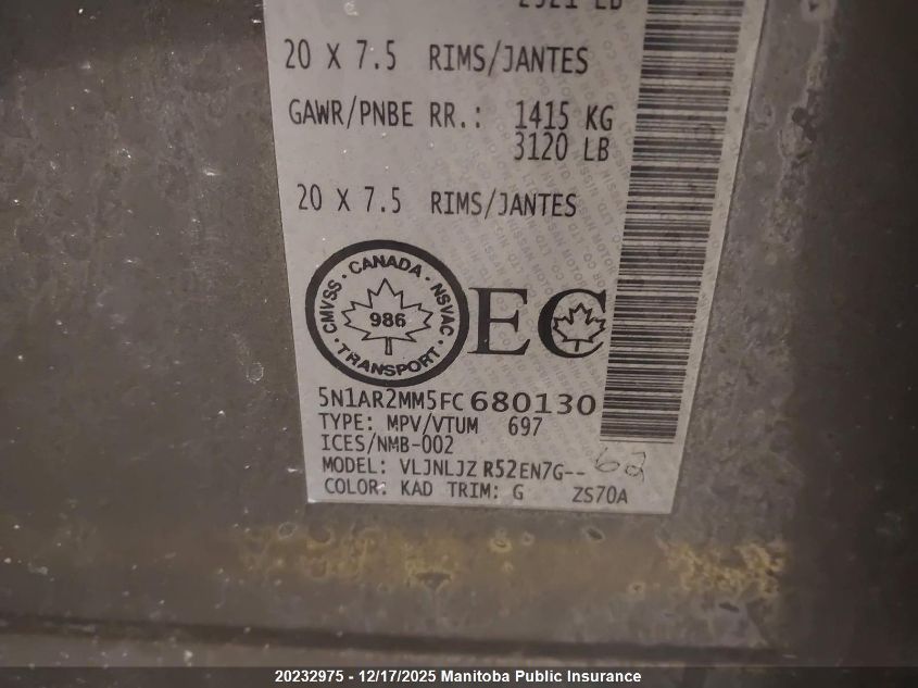 2015 Nissan Pathfinder Platinum VIN: 5N1AR2MM5FC680130 Lot: 20232975